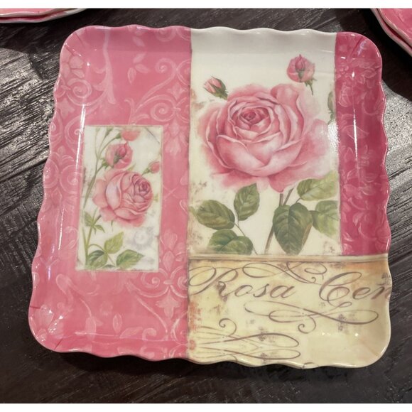 Momentum Brands Pink Rose Floral Melamine Salad Dessert Plates Tray Set Of 7 NEW - Picture 2 of 10